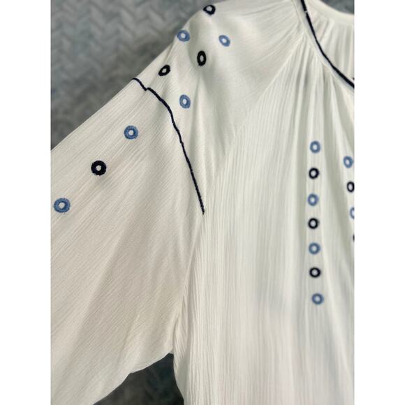 SOHO Peasant Blouse in White with blue accent Size L Country Boho Hippie Gauze - Picture 4 of 7